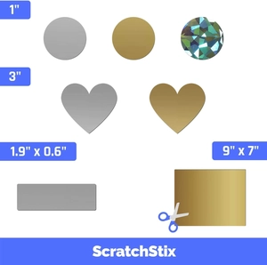 Detail of round and heart gold scratch-off stickers in various sizes with DIY cutting