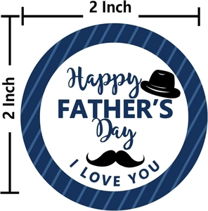Detail showing 2-inch Happy Father's Day round stickers with hat and mustache design