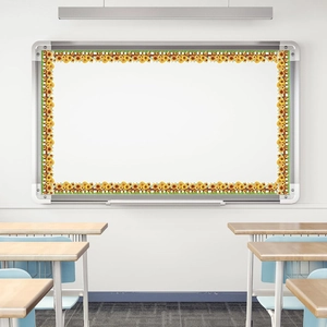 Classroom whiteboard border sticker featuring sunflower garden and brown wooden fence pattern