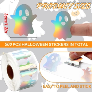 500pcs Halloween ghost holographic stickers roll with 3cm rainbow laser sealing labels