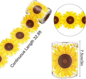 Detail of sunflower bulletin board border roll showing 3in width and 32.8ft continuous length