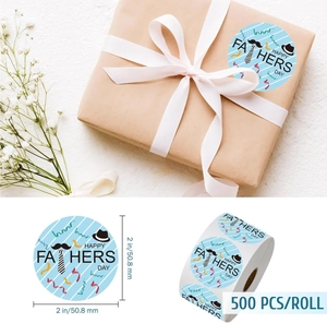 Detail of 2-inch Happy Father's Day round stickers on a roll with mustache and tie design