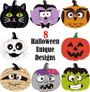 Detail showing 8 unique Halloween pumpkin stickers including ghost and vampire designs