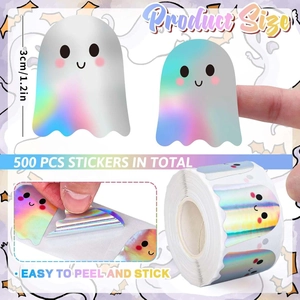 Detailed view of 1.2-inch holographic ghost stickers with 500 pieces per roll for decor