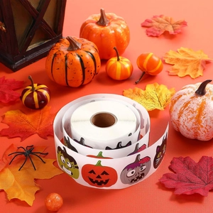 Roll of cartoon Halloween stickers with pumpkin and ghost icons on orange festive decor