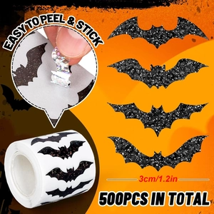 500pcs Halloween holographic bat stickers roll, 1.2 inch round laser sealing labels