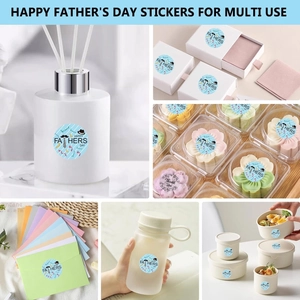 Father's Day stickers with necktie and hat motifs applied on gift boxes and bottles