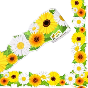 Decorative sunflower and daisy border trim sticker with die-cut scalloped edges for rooms