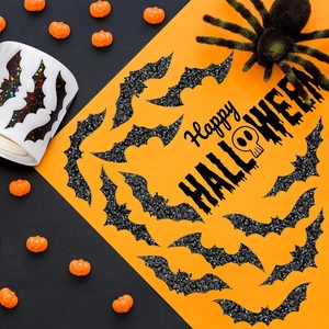 Detail of 3D black glitter bat wall stickers with sparkling texture for Halloween decor