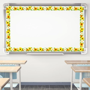 Classroom whiteboard decorated with sunflower and daisy bulletin board border stickers