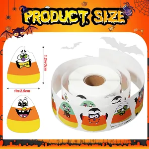 Size chart for Halloween candy corn stickers showing dimensions of 1 by 1.2 inches