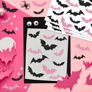 Halloween holographic bat stickers with black and pink glitter finish for party decoration