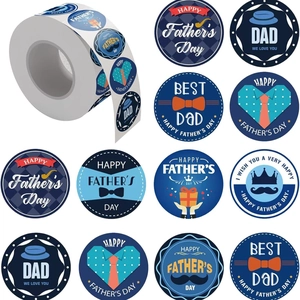 Kraft Paper Happy Father's Day Stickers Round Seal Labels Roll For Gift Box Packaging Decoration Mustache Tie Hat Pattern
