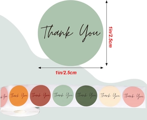 Macro detail of 1-inch Thank You sealing stickers showing various Morandi colors and size
