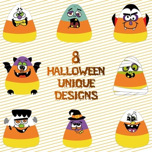 Detailed view of 8 unique Halloween candy corn stickers with various spooky monster designs