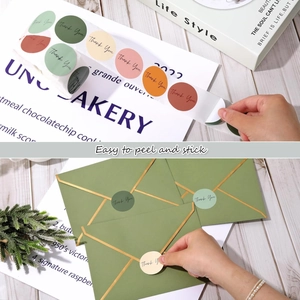 Detail showing self-adhesive Thank You stickers in Morandi colors on paper envelopes