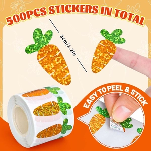 Detail of glitter carrot roll stickers with size marking and peeling demonstration