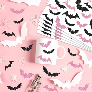 Holographic bat stickers in black and pink glitter for Halloween party decor on mugs