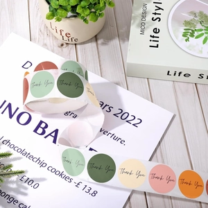 Close-up of Morandi colorful Thank You stickers for gift boxes and envelope sealing