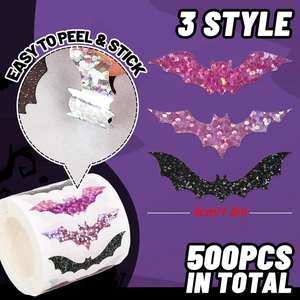 Roll of 500 holographic Halloween bat glitter stickers for sealing and festive decoration