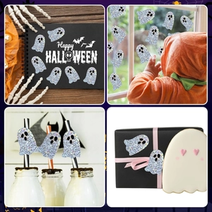 Glittery Halloween ghost stickers shown on planners, windows, and gift packaging