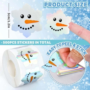 Macro view of 1.2-inch holographic snowflake stickers with cute snowman face design