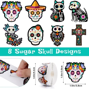 Detailansicht von 8 bunten Day of the Dead Totenkopf-Aufklebern auf 3,8 cm Rollen