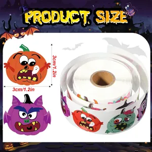 Size chart showing 3cm Halloween cartoon stickers with pumpkin and ghost designs