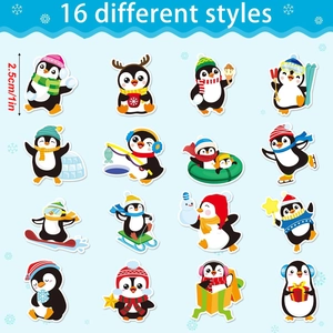 Detailed grid of 16 different 1-inch penguin stickers for gift decoration and labeling