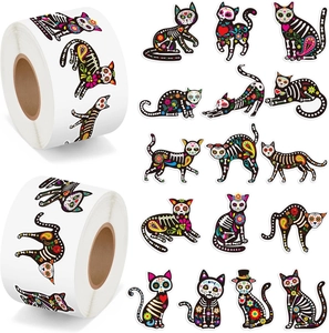 500Pcs Halloween Day Of The Dead Stickers Roll Cat Skeleton Sugar Skull Decorative Labels For Gift Box Party Favor Sealing
