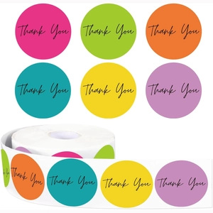 Roll of 500 colorful round Thank You stickers in six vibrant colors for gift sealing