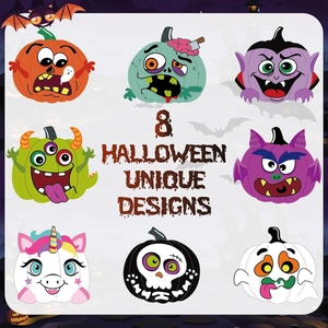 8 unique Halloween stickers featuring pumpkin, vampire, and ghost cartoon designs
