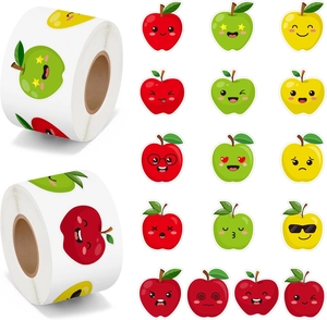 Detail of cartoon apple roll stickers with cute facial expressions in red green yellow