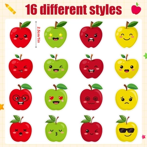 Detail showing 16 different styles of 1-inch cartoon apple emoji stickers in a roll