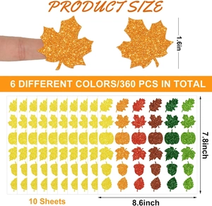 Detailed view of 360 holographic autumn maple leaf stickers showing size and 6 colors