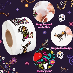 Detailed view of waterproof Halloween cat skull stickers with easy-to-peel feature