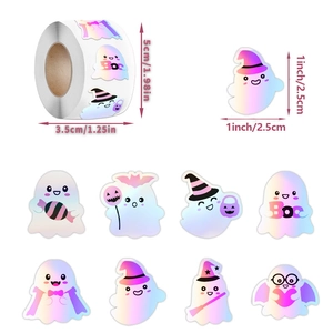 Lot de stickers Halloween holographiques avec 8 motifs fantômes et effet laser arc-en-ciel