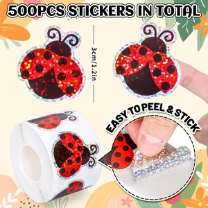 Detailed holographic ladybug sticker roll showing 500pcs glitter easy peel labels