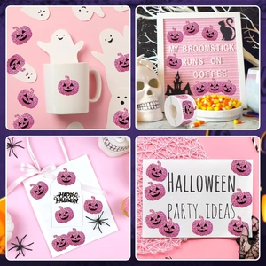 Pink glitter Halloween pumpkin stickers applied to gift bags, mugs, and cards in detail