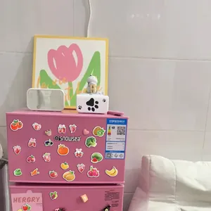 Detailed view of colorful cartoon fruit and vegetable stickers applied to a pink fridge surface