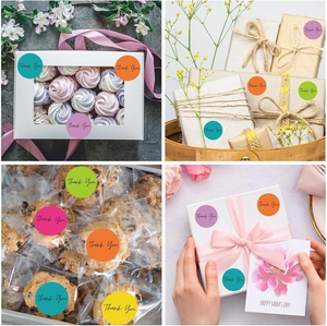 Colorful round thank you stickers used for gift boxes, cookies and greeting card sealing