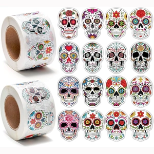 500 Halloween sugar skull stickers featuring colorful Day of the Dead art for gift sealing