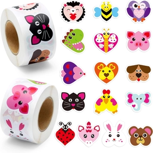 Roll of 500 cute cartoon heart stickers featuring animals like cats and dinosaurs
