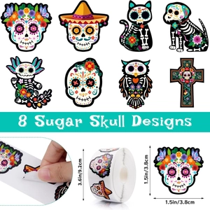 Roll of 500 Sugar Skull stickers with 8 Day of the Dead designs for Halloween sealing