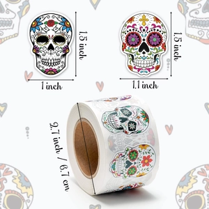 500pcs Day of the Dead Sugar Skull stickers roll with colorful 1.5 inch festive designs