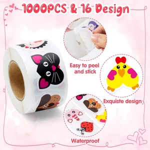 Detail showing 16 cartoon animal sticker designs with waterproof and easy-peel features