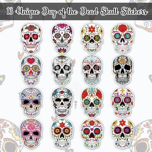 Detailed grid of 16 unique Day of the Dead sugar skull stickers with floral patterns