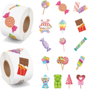 Detail of 500 cartoon candy stickers roll showing lollipops and gummy bears designs