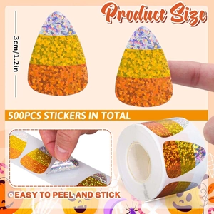 Detail of 3cm holographic candy corn stickers showing size, quantity, and easy-peel feature