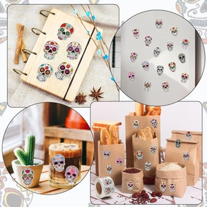Detailed view of colorful sugar skull stickers applied to coffee cups and gift packaging